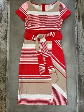 Anthropologie Lilka Sorella Striped Faux Wrap Dress Red Tan Beige Knit Size XS